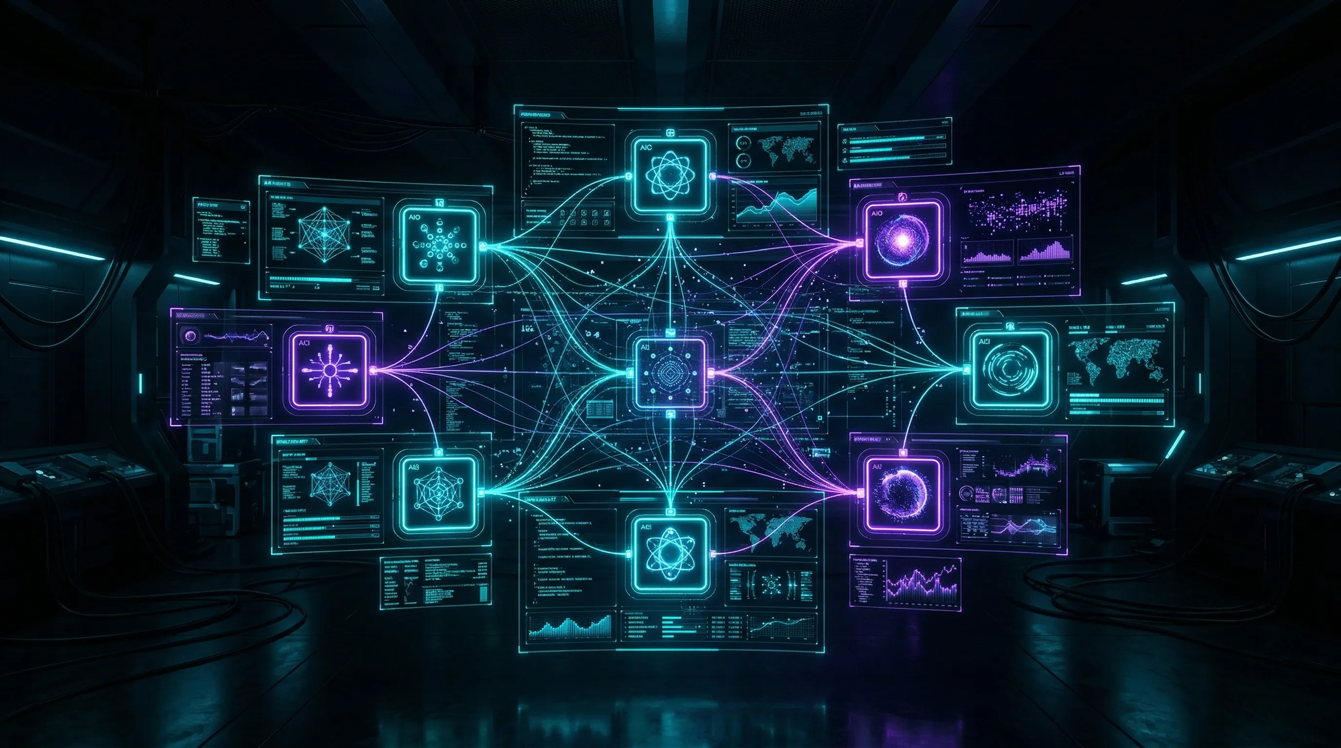 Dashboard futurista con 7 agentes de IA trabajando en paralelo